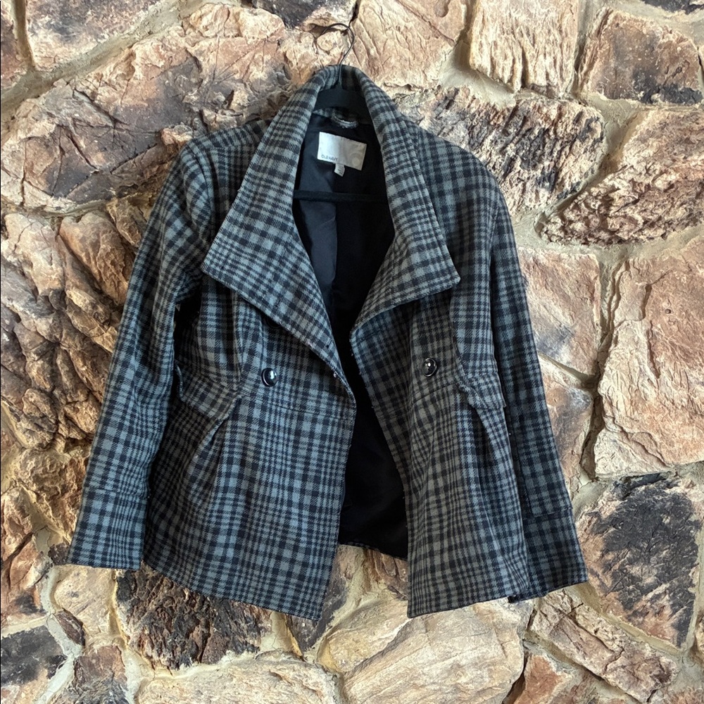 Old Navy Women's Plaid Pea Coat - Black and Gray